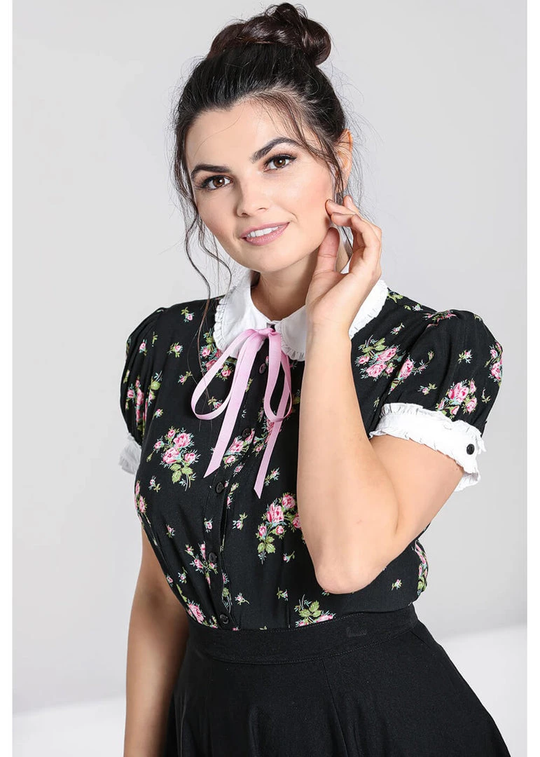 Hell Bunny Bobby Sue Rose 40's Blouse Black New In