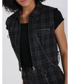 Hell Bunny Cobain Tartan Vest Top Black New In