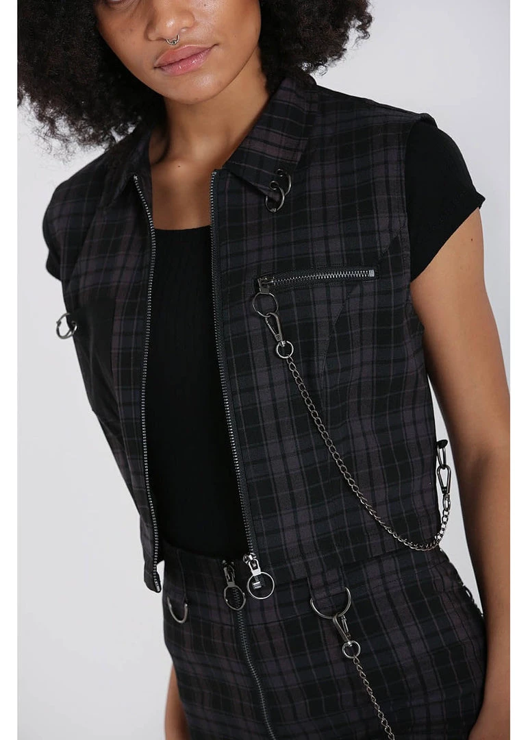 Hell Bunny Cobain Tartan Vest Top Black New In