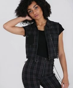 Hell Bunny Cobain Tartan Vest Top Black New In