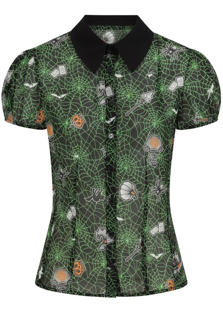 New In Hell Bunny Hex Spiderweb 50's Blouse Black