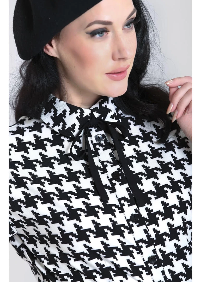 New In Hell Bunny Blake Houndstooth 60's Blouse Black White