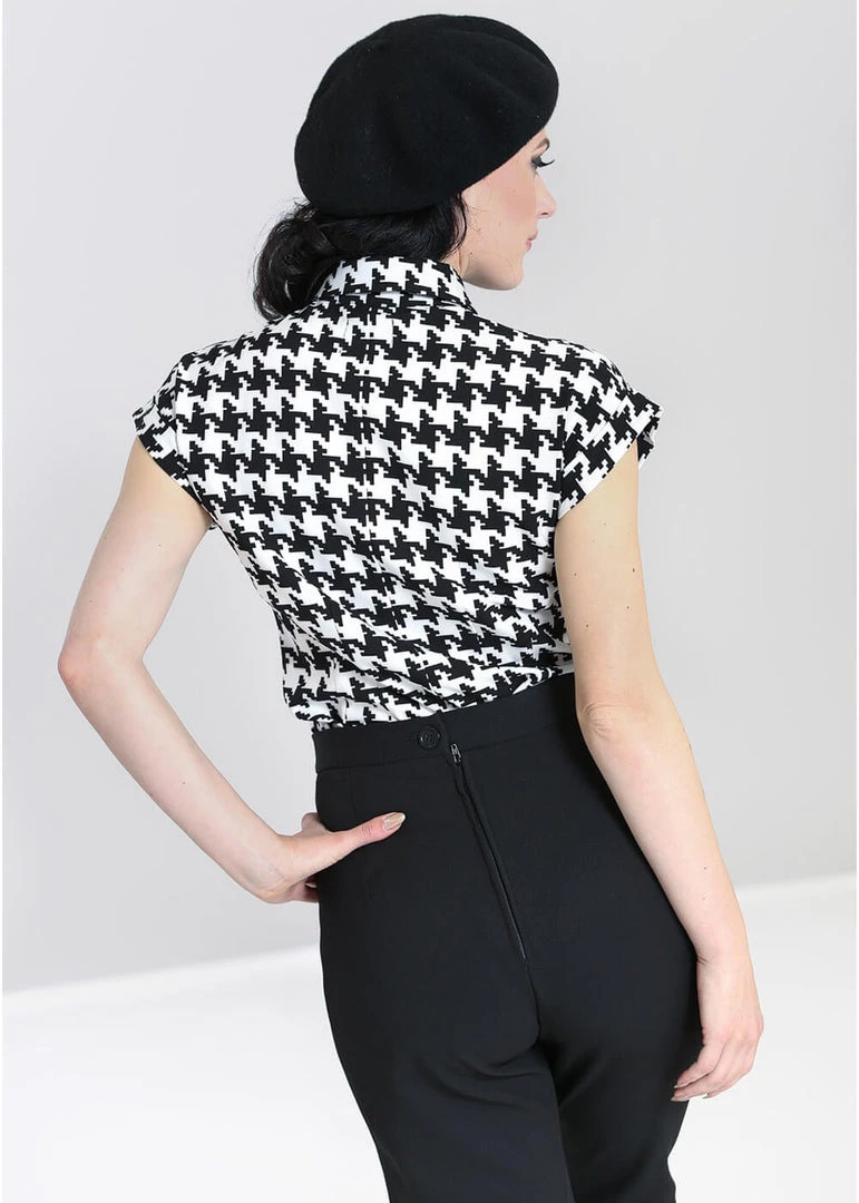 New In Hell Bunny Blake Houndstooth 60's Blouse Black White
