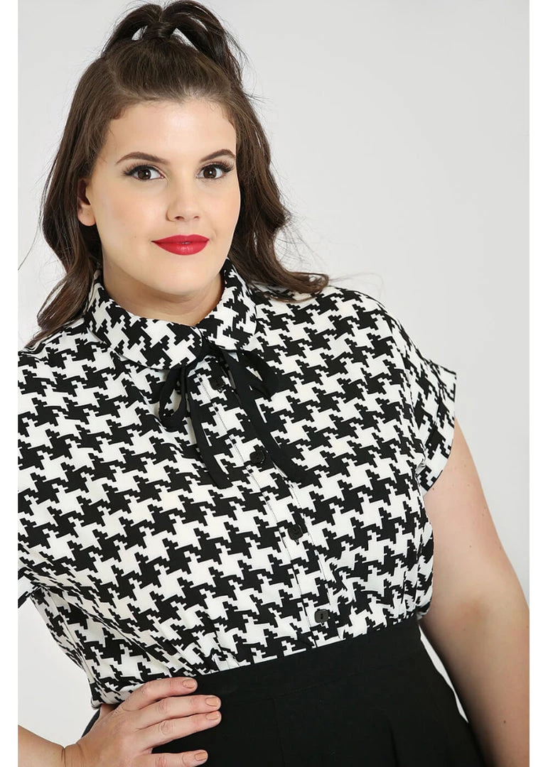 New In Hell Bunny Blake Houndstooth 60's Blouse Black White