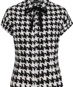 New In Hell Bunny Blake Houndstooth 60's Blouse Black White