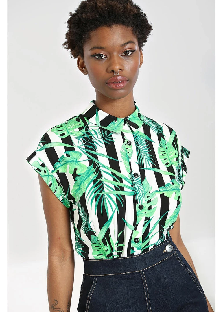 New In Hell Bunny Solana Leaves 60's Shirt Black White