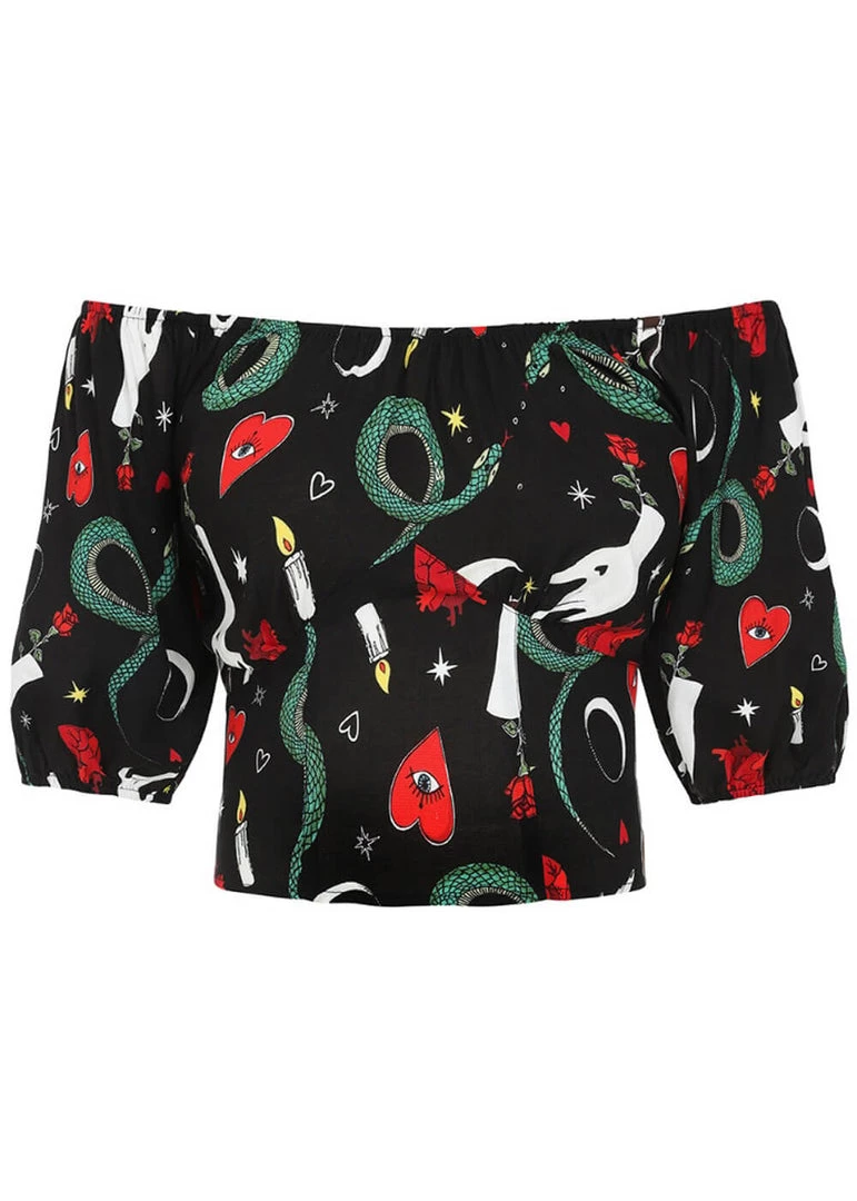 Hell Bunny Good Fortune Snake 70's Crop Top Black