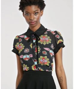Hell Bunny Amias Sacred Heart 50's Blouse Black New In