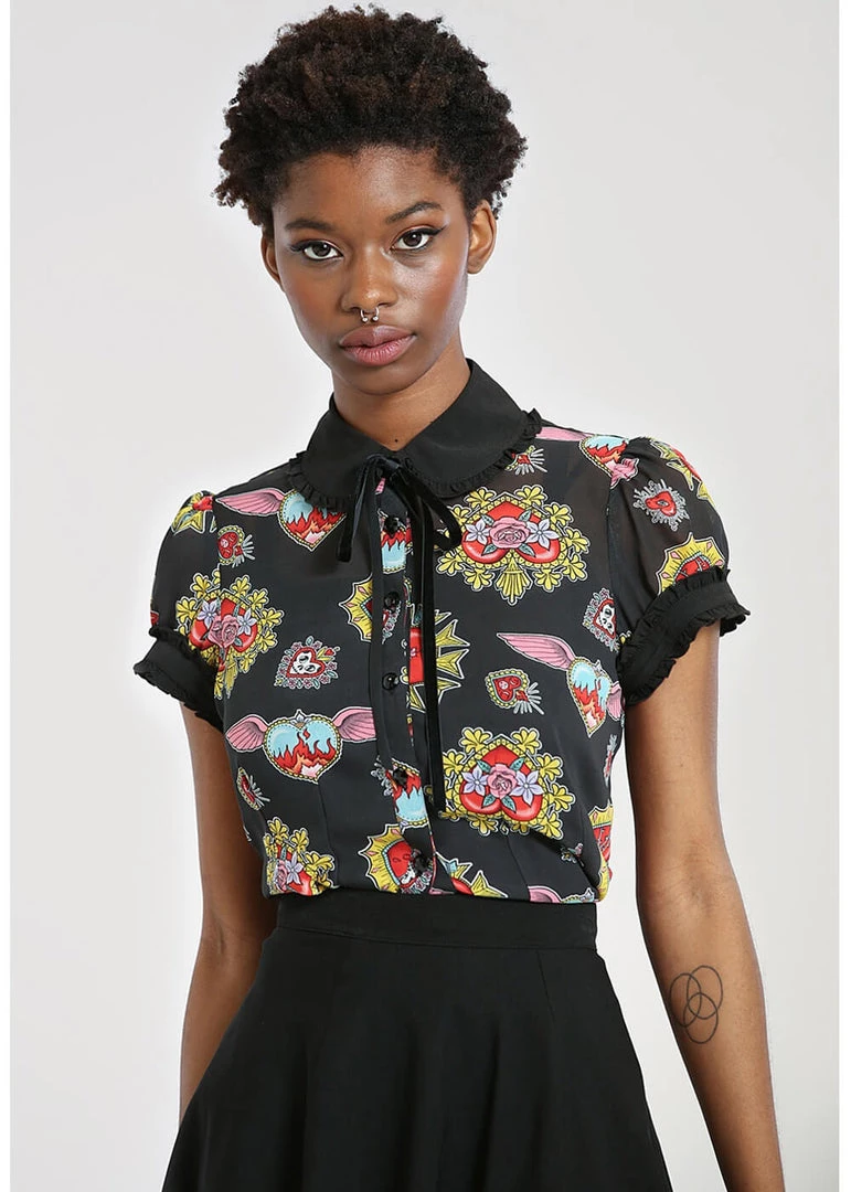Hell Bunny Amias Sacred Heart 50's Blouse Black New In