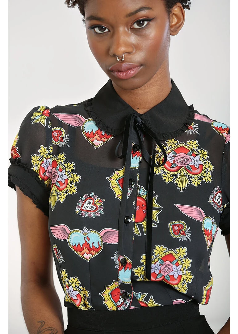 Hell Bunny Amias Sacred Heart 50's Blouse Black New In