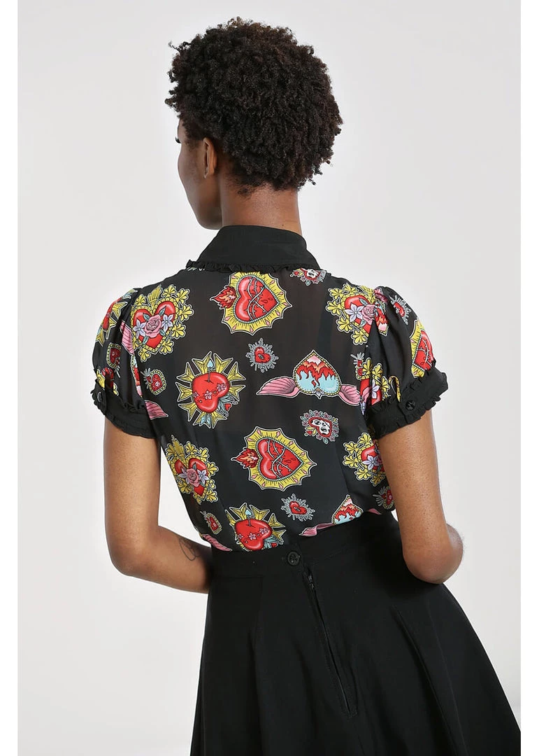 Hell Bunny Amias Sacred Heart 50's Blouse Black New In