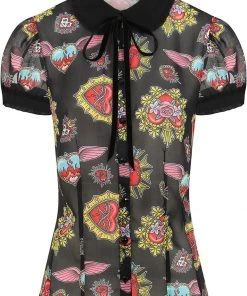 Hell Bunny Amias Sacred Heart 50's Blouse Black New In