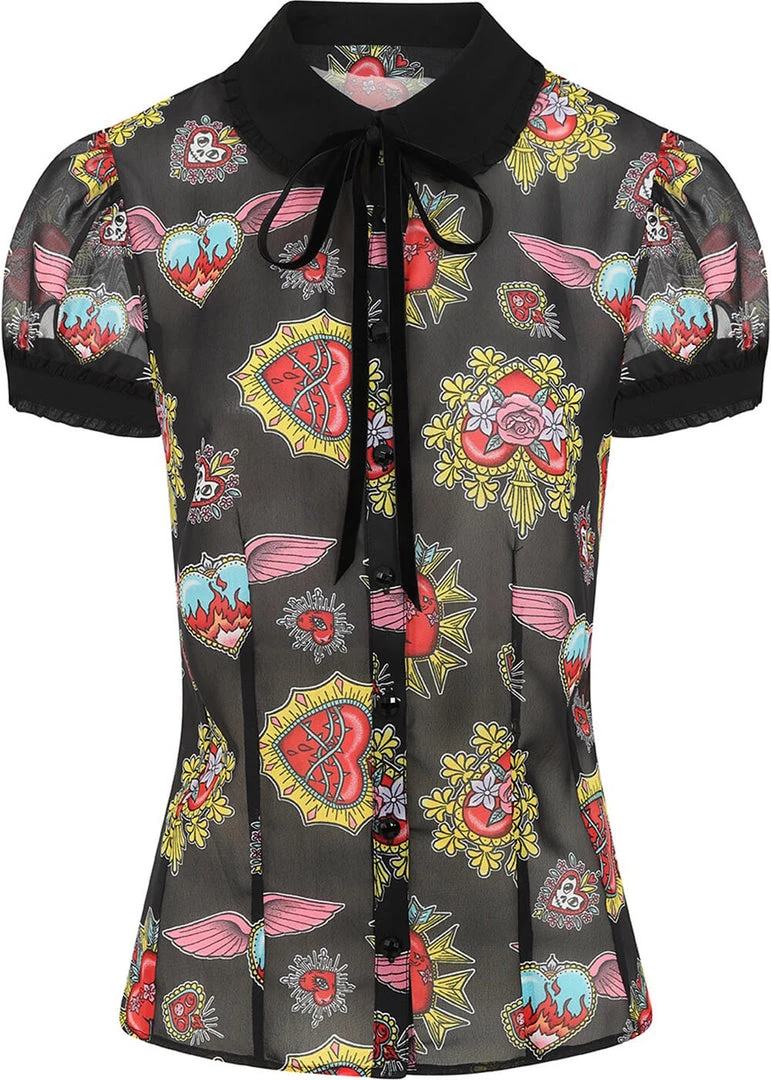 Hell Bunny Amias Sacred Heart 50's Blouse Black New In