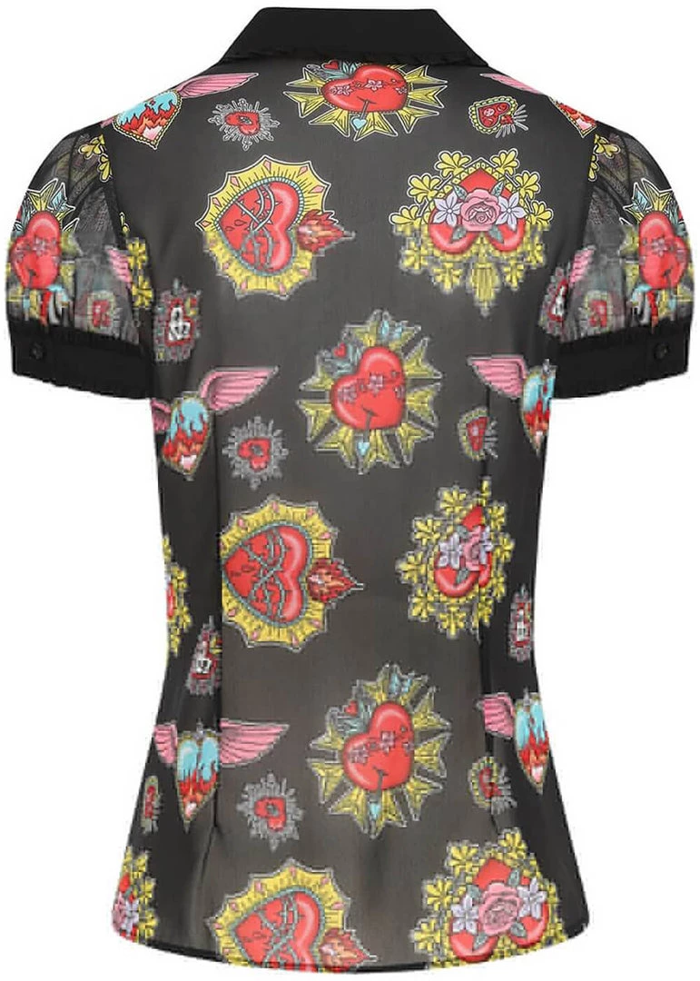 Hell Bunny Amias Sacred Heart 50's Blouse Black New In