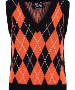 Hell Bunny Rhombus Vest 60's Top Black Orange New In