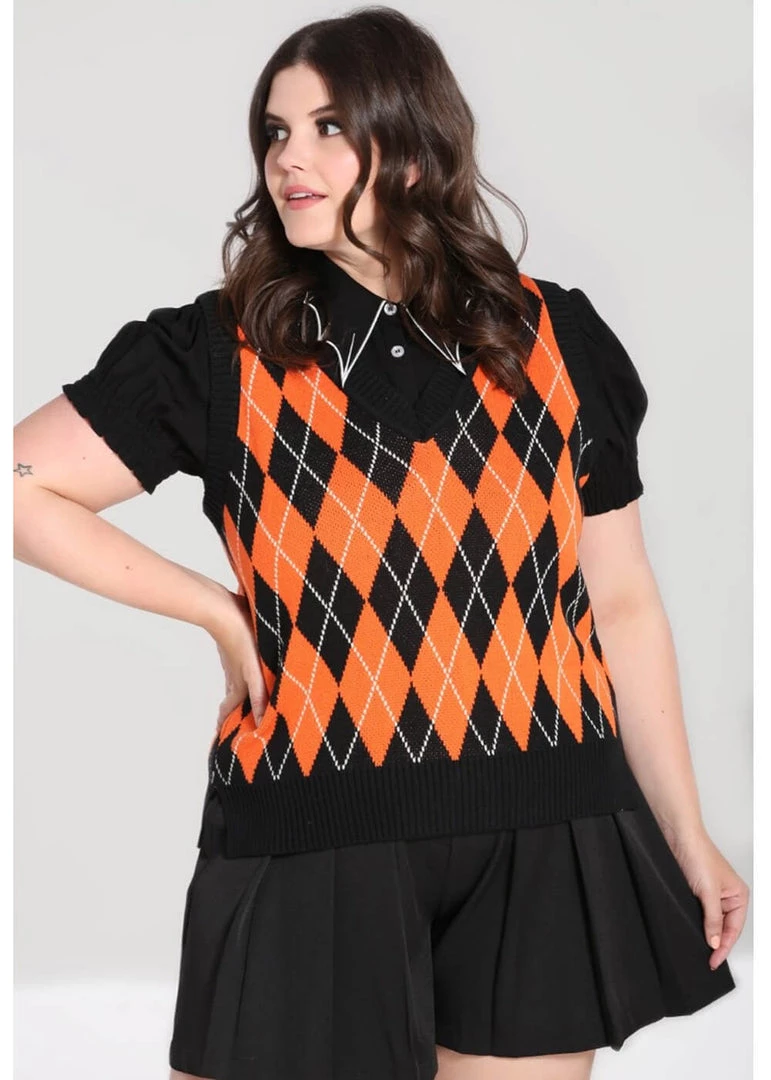 Hell Bunny Rhombus Vest 60's Top Black Orange New In