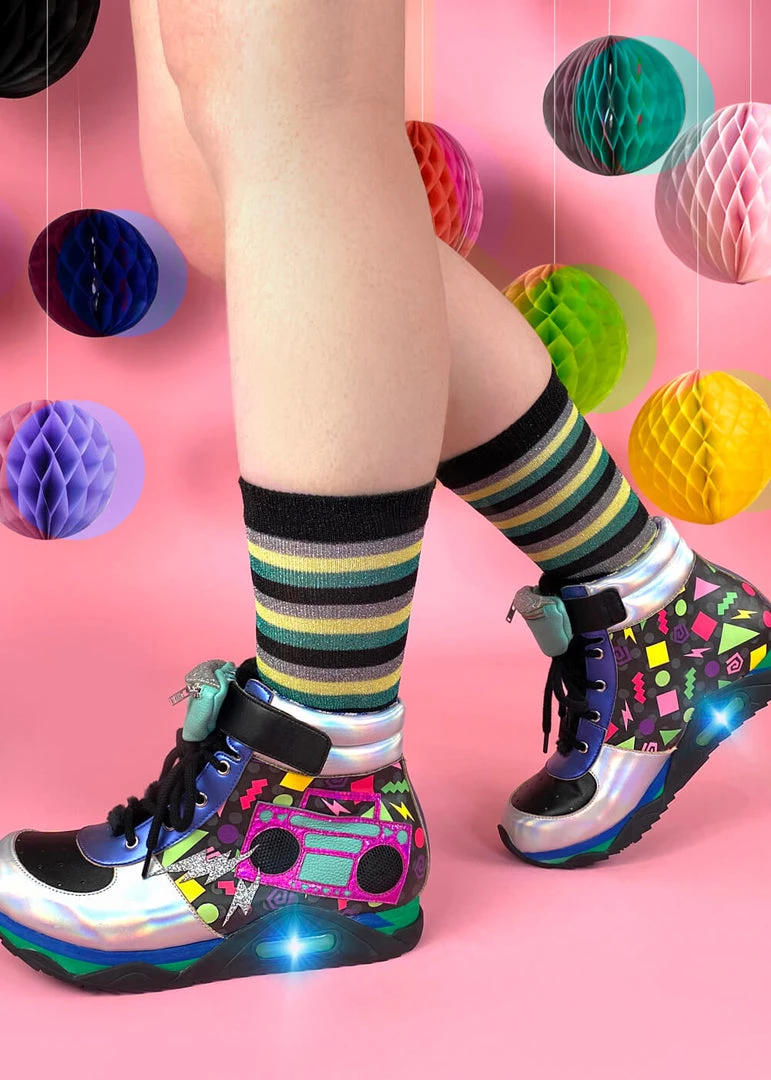 Irregular Choice Boombox Bestie 80's High Top Sneakers Blue Silver New In