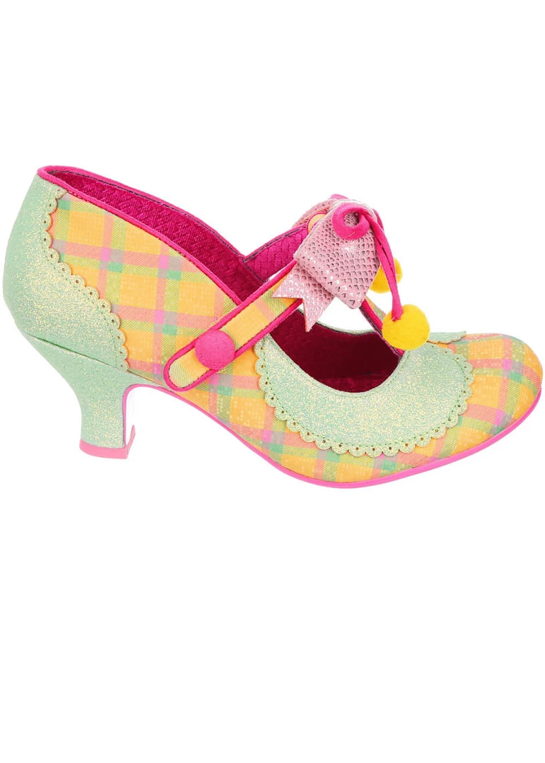 New In Irregular Choice Charming Chum Tartan 40's Pumps Mint Yellow