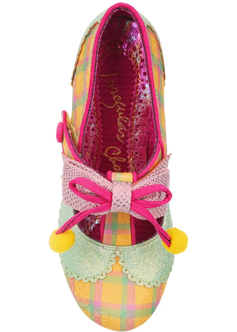 New In Irregular Choice Charming Chum Tartan 40's Pumps Mint Yellow