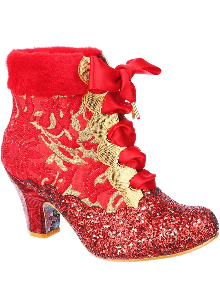 Irregular Choice Fancy A Cuppa Glitter 40's Ankle Boots Red New In