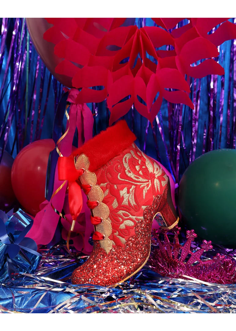 Irregular Choice Fancy A Cuppa Glitter 40's Ankle Boots Red New In