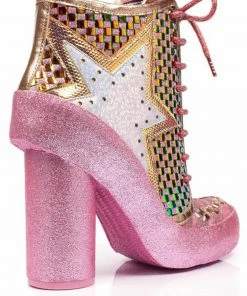 New In Irregular Choice Milovat Star Platform Boots Pink Gold