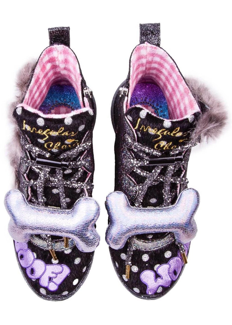 Irregular Choice Good Boy Dog 80's Sneakers Black Silver