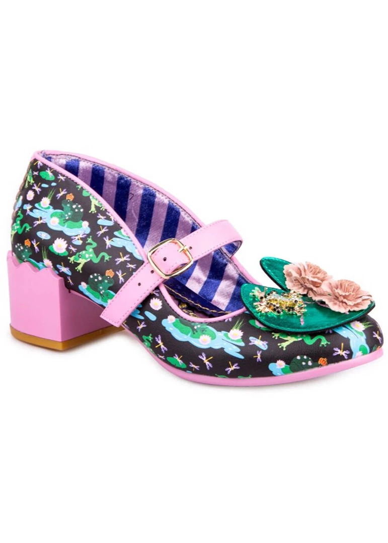 New In Irregular Choice Lilypond Frog 60's Block Heel Pumps Black