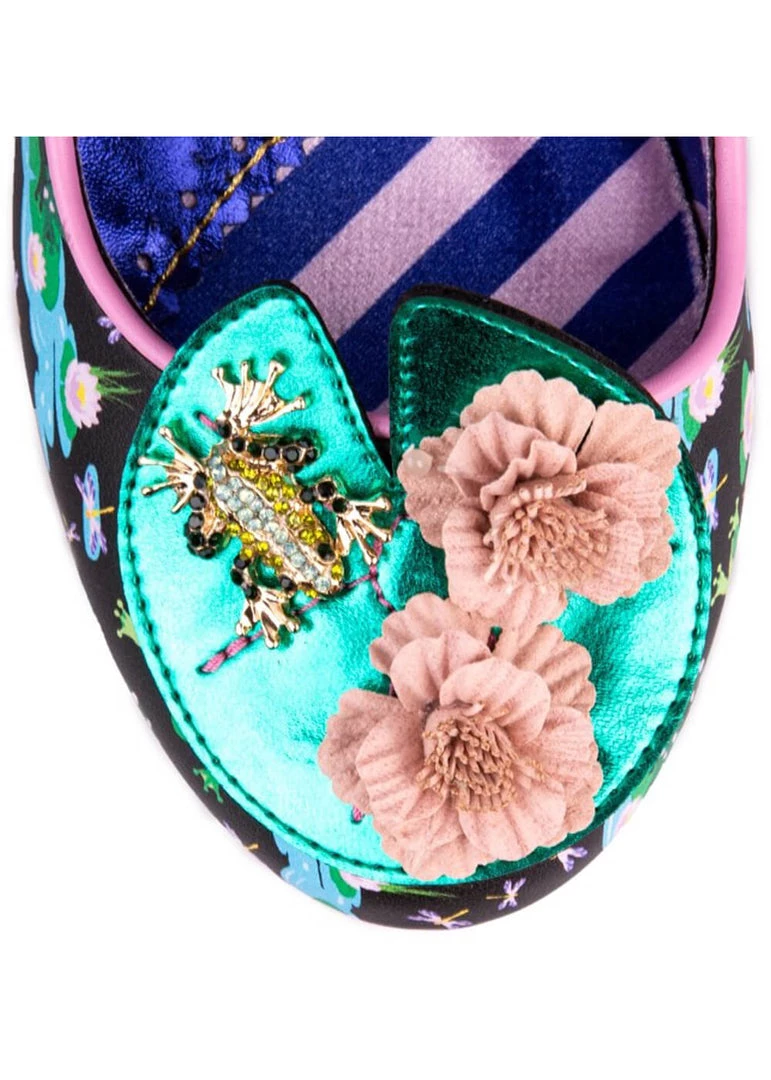 New In Irregular Choice Lilypond Frog 60's Block Heel Pumps Black