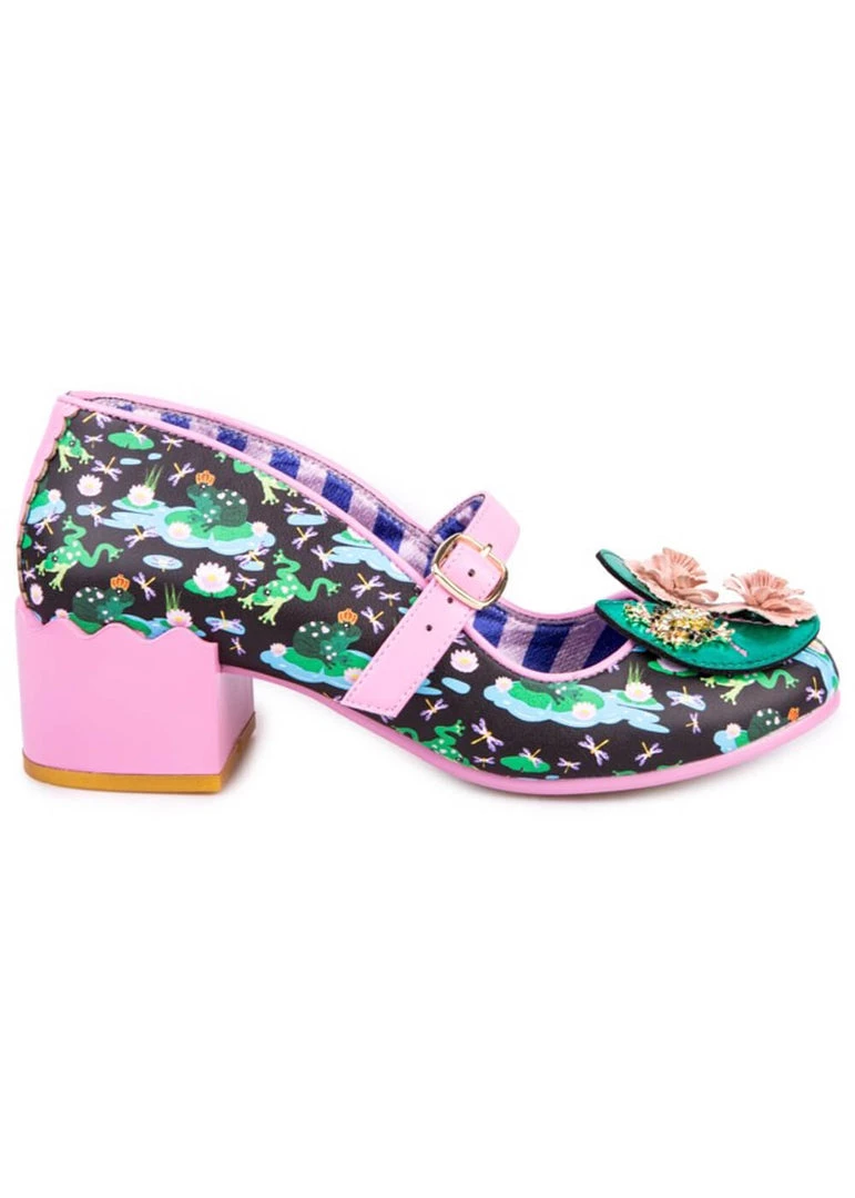 New In Irregular Choice Lilypond Frog 60's Block Heel Pumps Black