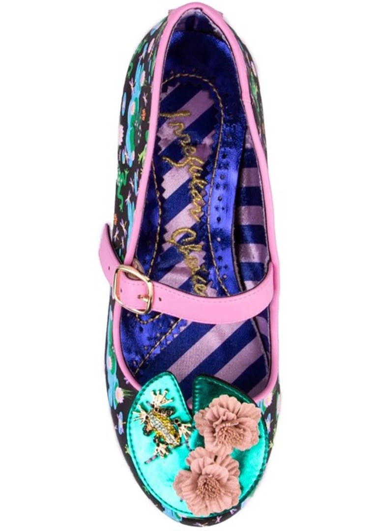 New In Irregular Choice Lilypond Frog 60's Block Heel Pumps Black