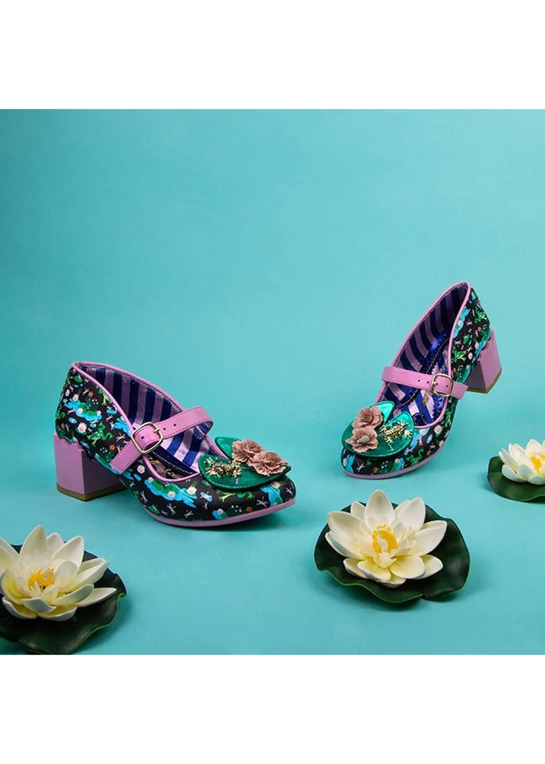 New In Irregular Choice Lilypond Frog 60's Block Heel Pumps Black