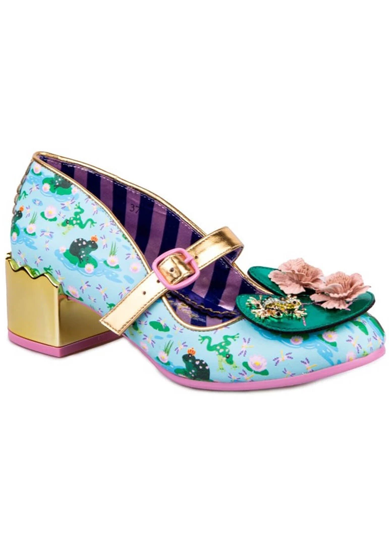 New In Irregular Choice Lilypond Frog 60's Block Heel Pumps Blue