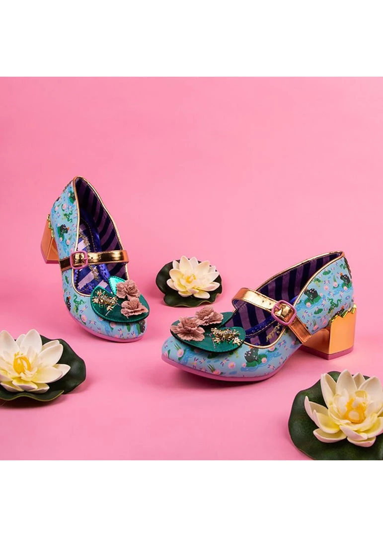 New In Irregular Choice Lilypond Frog 60's Block Heel Pumps Blue