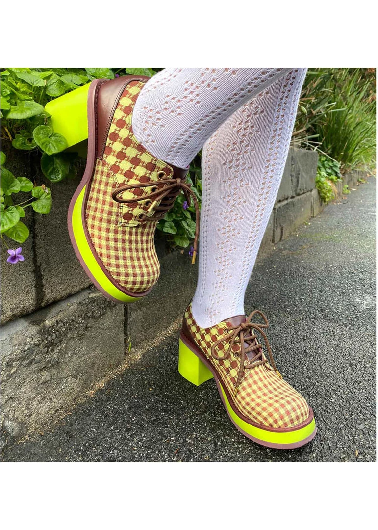 New In Irregular Choice Groovy Dancing 60's Platform Pumps Brown Green