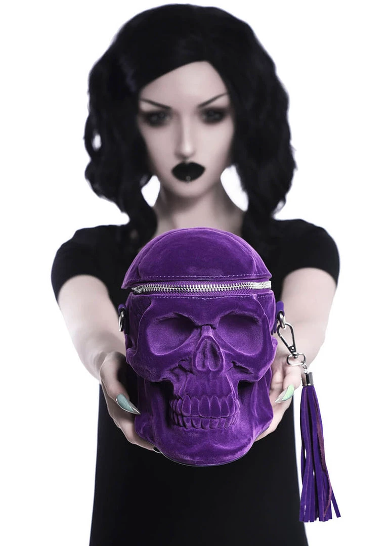 Killstar Grave Digger Velvet Skull Bag Plum