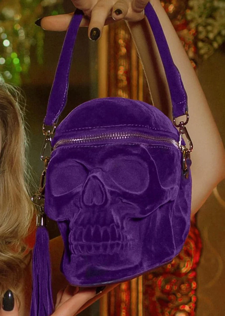 Killstar Grave Digger Velvet Skull Bag Plum