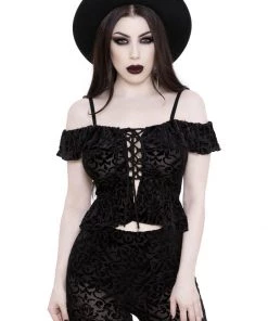 New In Killstar Aimee Burnout Velvet Bardot Top Black