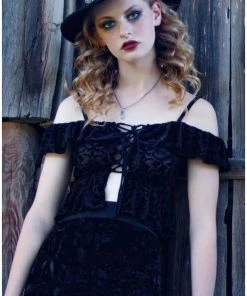 New In Killstar Aimee Burnout Velvet Bardot Top Black