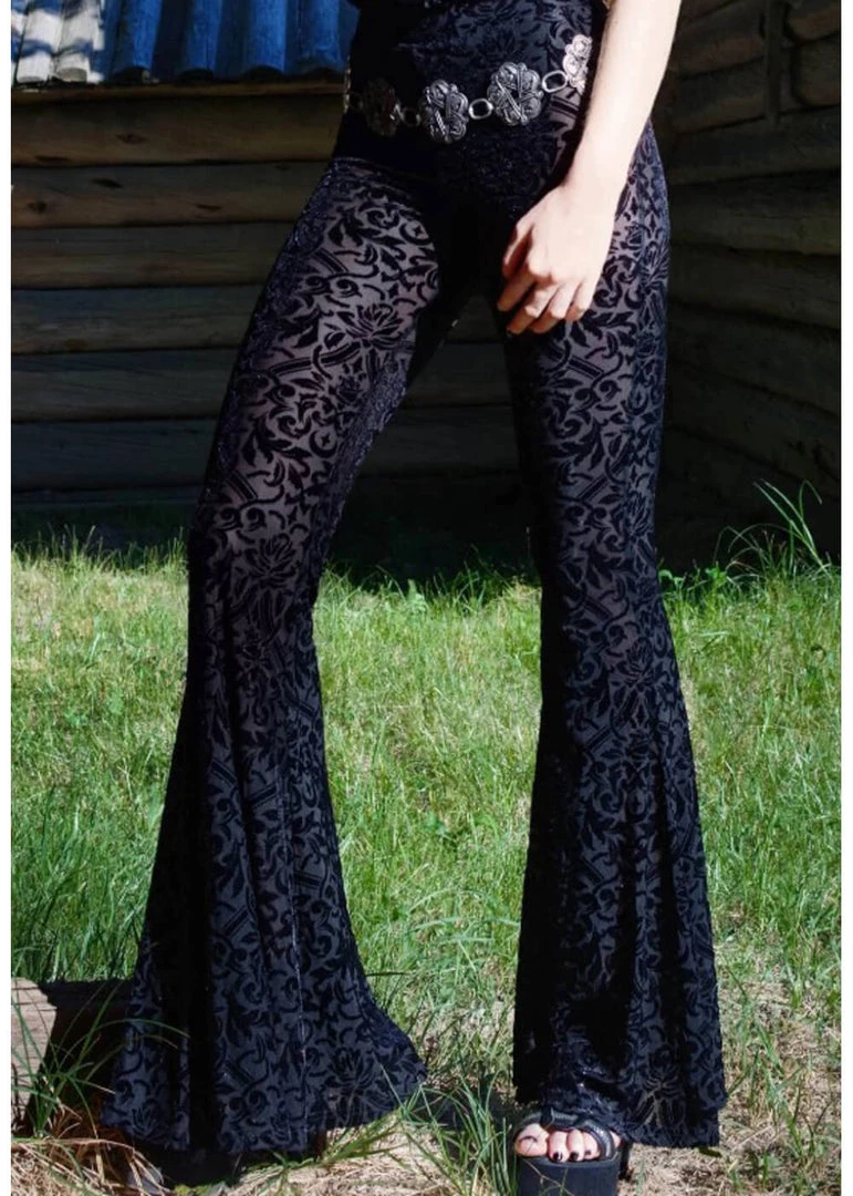 Killstar Velora Burnout Velvet Bell Bottoms Trousers Black New In