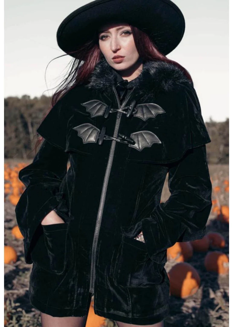 Killstar Nightfever Bat Duffle Coat Black