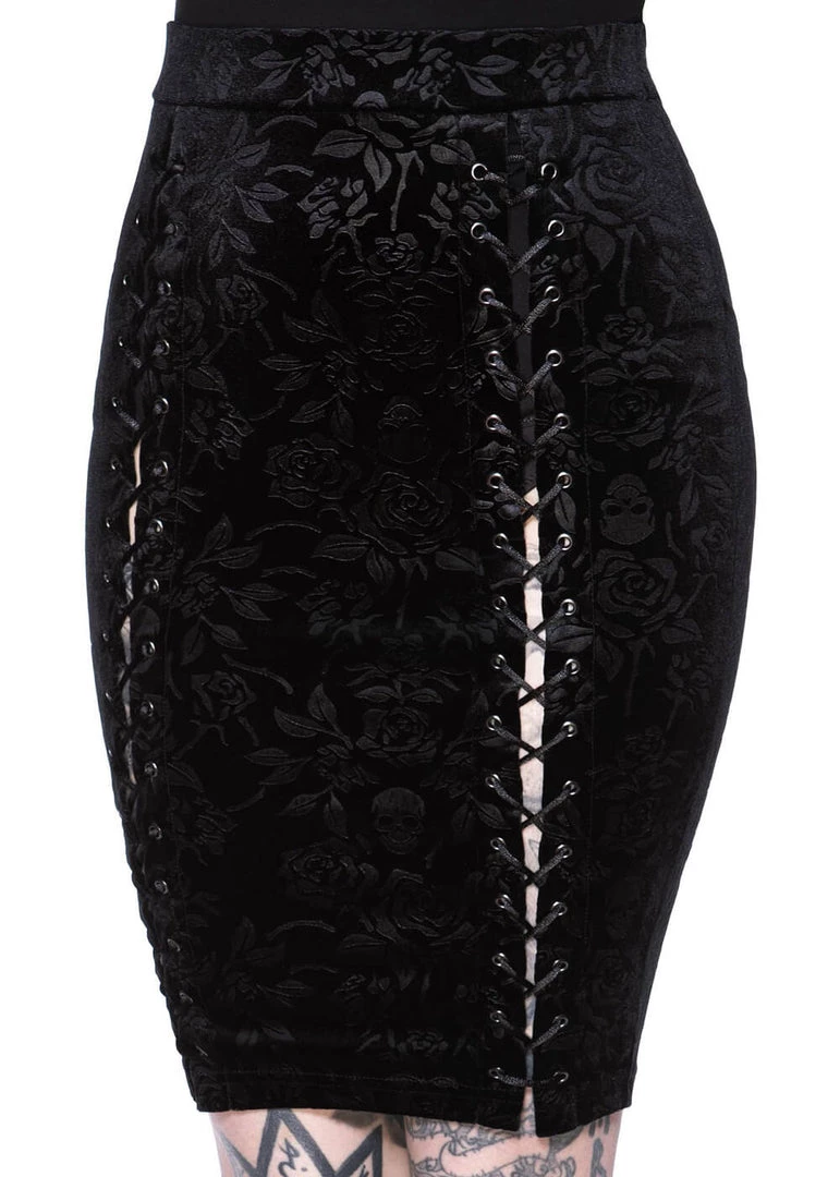 Killstar Claret Velvet Midi Pencil Skirt Black New In