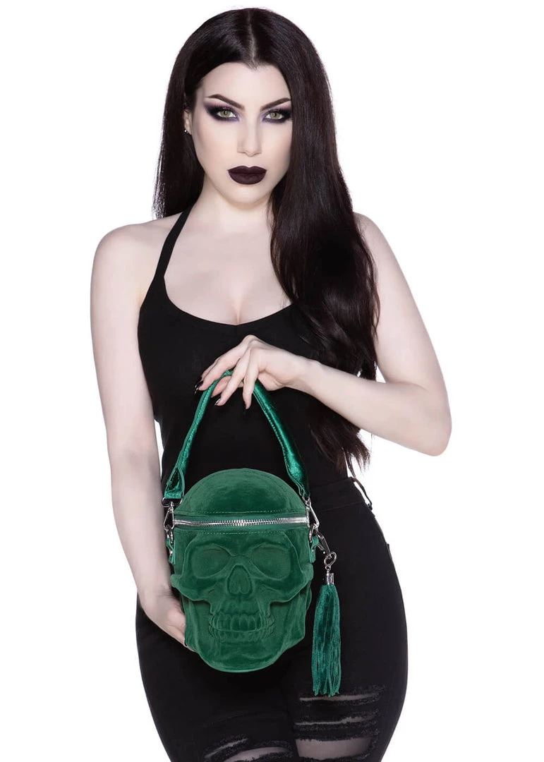 Killstar Grave Digger Velvet Skull Bag Green