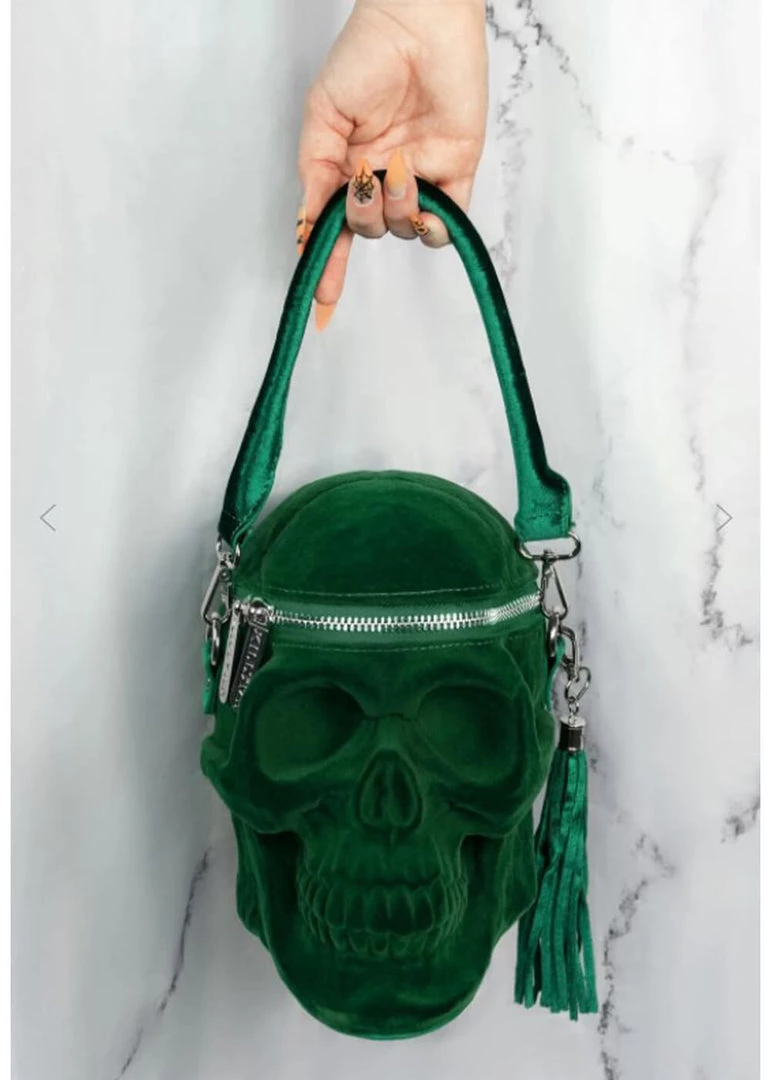 Killstar Grave Digger Velvet Skull Bag Green