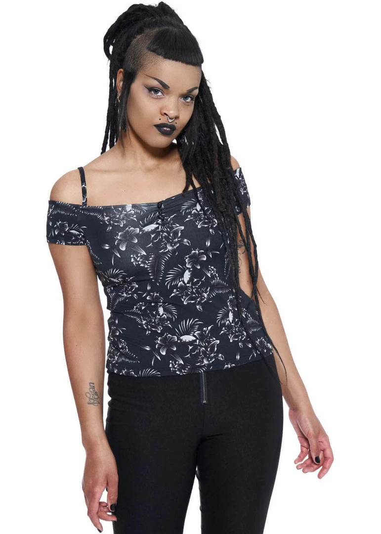New In Killstar Lulu Skulls 50's Bardot Top Black
