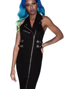 New In Killstar Anti-Club Moto Bat 80's Pencil Dress Black