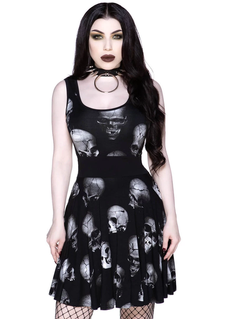 Killstar Heads Rollin' Skulls Skater Dress Black New In