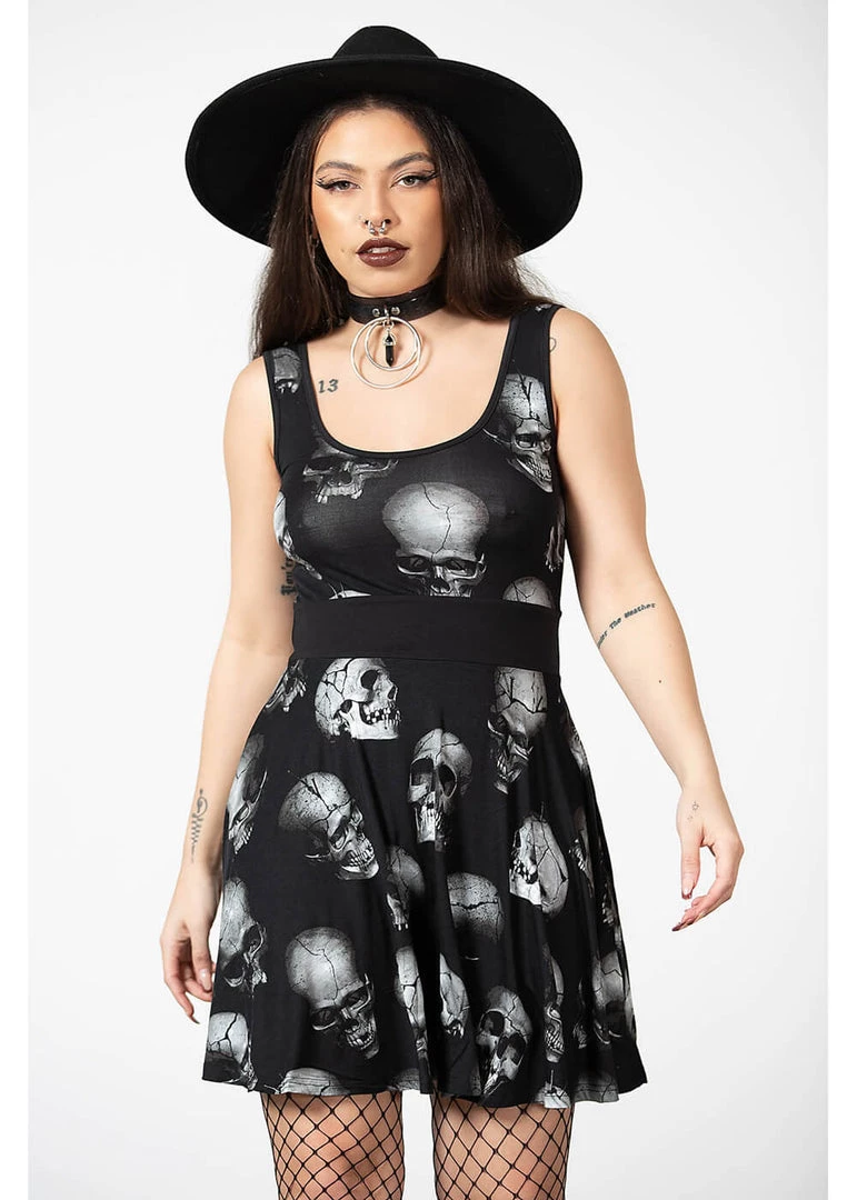 Killstar Heads Rollin' Skulls Skater Dress Black New In