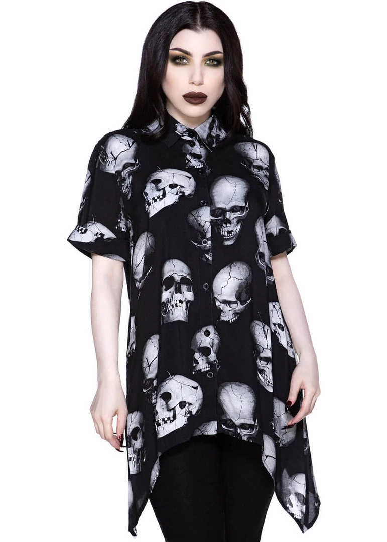 Killstar Headache Skulls Button-Up Shirt Black New In
