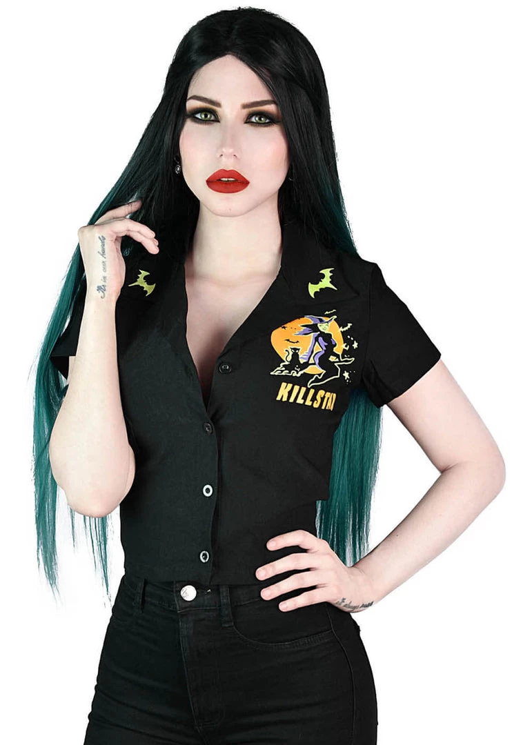 Killstar Vince Ray Witch Queen Crop 50's Bowling Shirt Black New In